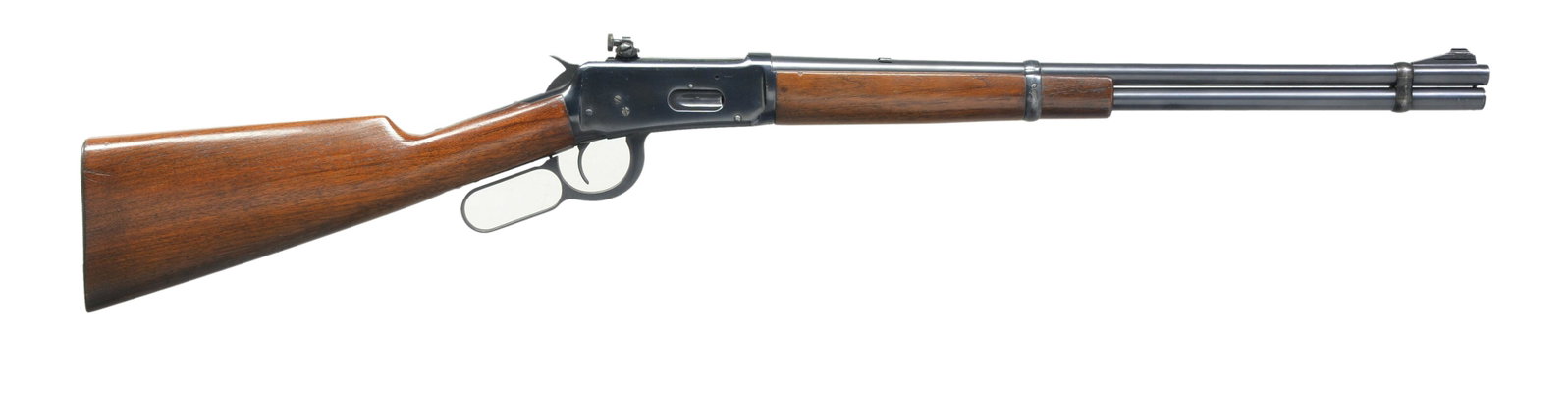 WINCHESTER PRE 64 MODEL 94 LEVER ACTION CARBINE.: Cal. 30-30. S# 1236682. Bbl. 20". Ramp mounted bead front sight, filler in rear dovetail & Lyman 68A receiver sight. Full length Mag. Longwood walnut forearm & straight grip stock w/ grooved steel but