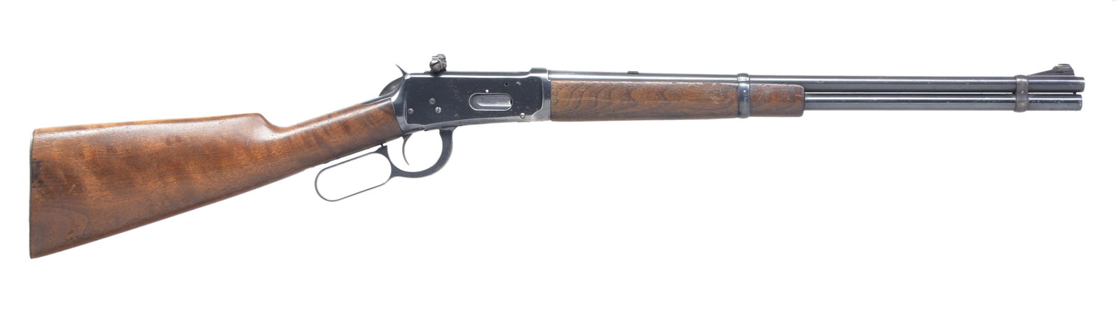 WINCHESTER MODEL 94 LEVER ACTION CARBINE.: Cal. 32 WS (Win. Spl.). S# 1297977. Bbl. 20" w/ ramped front bead & slot blank at rear; receiver w/ Redfield No. 70 receiver sight having coin slot knobs. Long wood forend & grooved shot gun style met