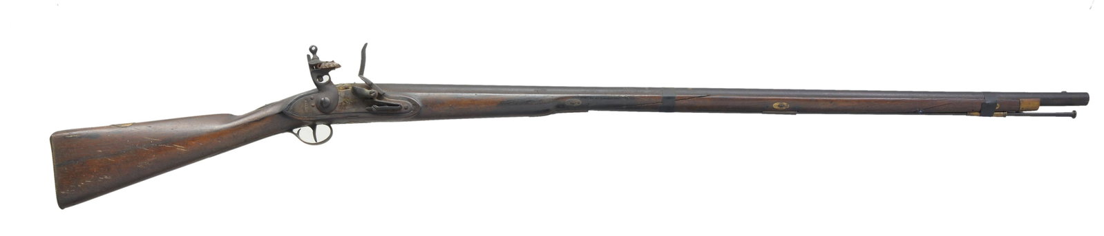 H. BUELL / MARLBOROUGH FLINTLOCK MUSKET.: Cal. about 74. NSN. Bbl. 42". Lock is marked "H. BUELL" behind hammer & "MARLBOROUGH" under eagle & shield forward of hammer. Full length walnut stock fastened by 3 keys. Brass fittings include trigge
