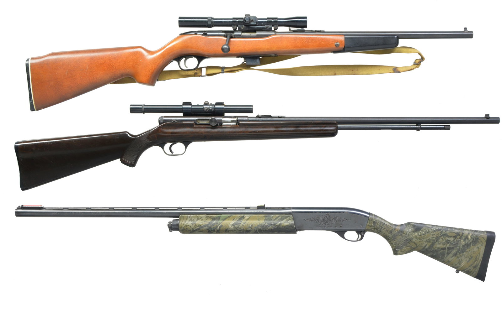 MOSSBERG, JC HIGGINS & STEVENS RIMFIRE RIFLES.: 1) MOSSBERG MODEL 342KC BOLT ACTION. Cal. 22 S, L, LR. S# 434754. Bbl. 18 1/2" w/ bead front sight & sporting rear sight. Janna 4x20 scope w/ standard crosshairs on tip off mts. Hardwood stock w/ fold