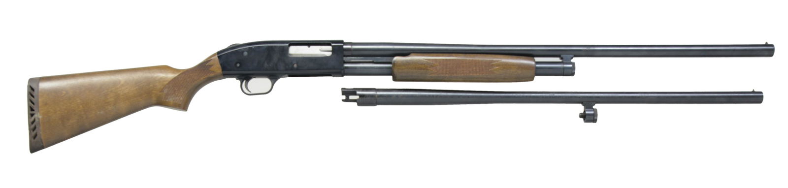 MOSSBERG MODEL 500 AG PUMP ACTION SHOTGUN.: Cal. 12 Ga., 3". S# H908613. Bbl. 28" plain w/ fixed Mod. choke. Alloy action w/ sliding top safety. Beavertail hardwood forearm & pistol grip stock w/ pressed checkering. LOP: 14" over original pad.
