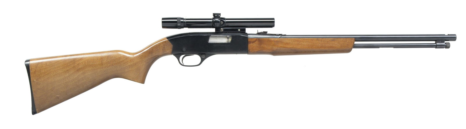 WINCHESTER MODEL 190 AUTOLOADING RIFLE.: WINCHESTER MODEL 190 AUTOLOADING RIFLE. Cal. 22 L or LR. S# B1467599. Bbl. 20 1/2" w/ elevator adj. replacement rear sight & removed front sight. Tubular mag. Bushnell 4x custom 22 scope w/ duplex ret