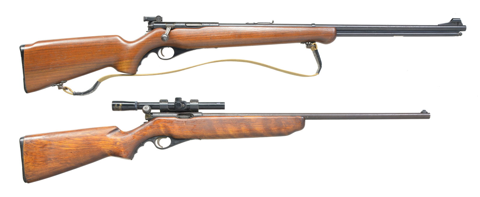2 MOSSBERG BOLT ACTION RIFLES.: 1) MOSSBERG MODEL 146B-A BOLT ACTION RIFLE. Cal. 22 S-LR. NSN. Bbl. 26" . Hooded interchangeable blade front sight, replacement rear sight w/ missing elevator & S-130 peep sight. Tubular mag. Monte Ca