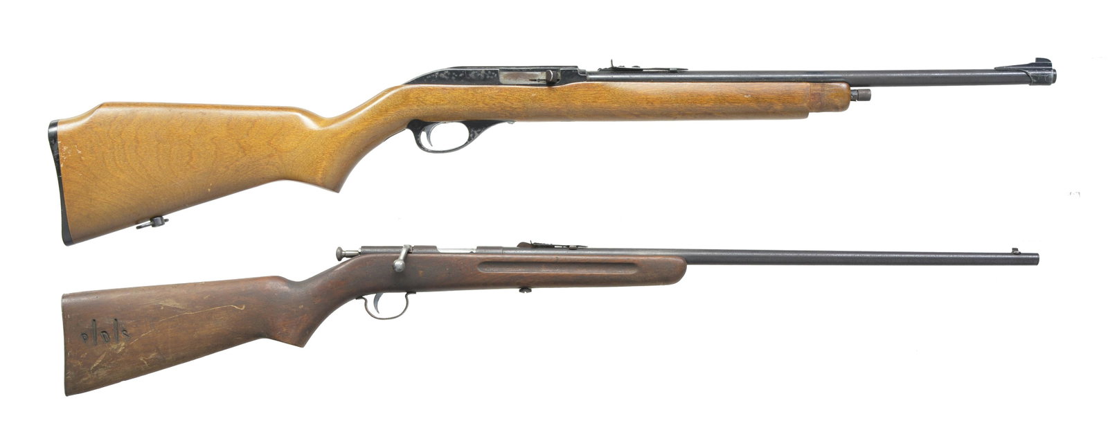 2 RIFLES.: 1) GLENFIELD MODEL 75 SEMI AUTO RIFLE. Cal. 22 LR. S# 72340907. Bbl. 18" w/ Micro groove rifling & sporting sights. Tubular mag. Hardwood stock. CONDITION: 60% metal finish showing surface corrosion &