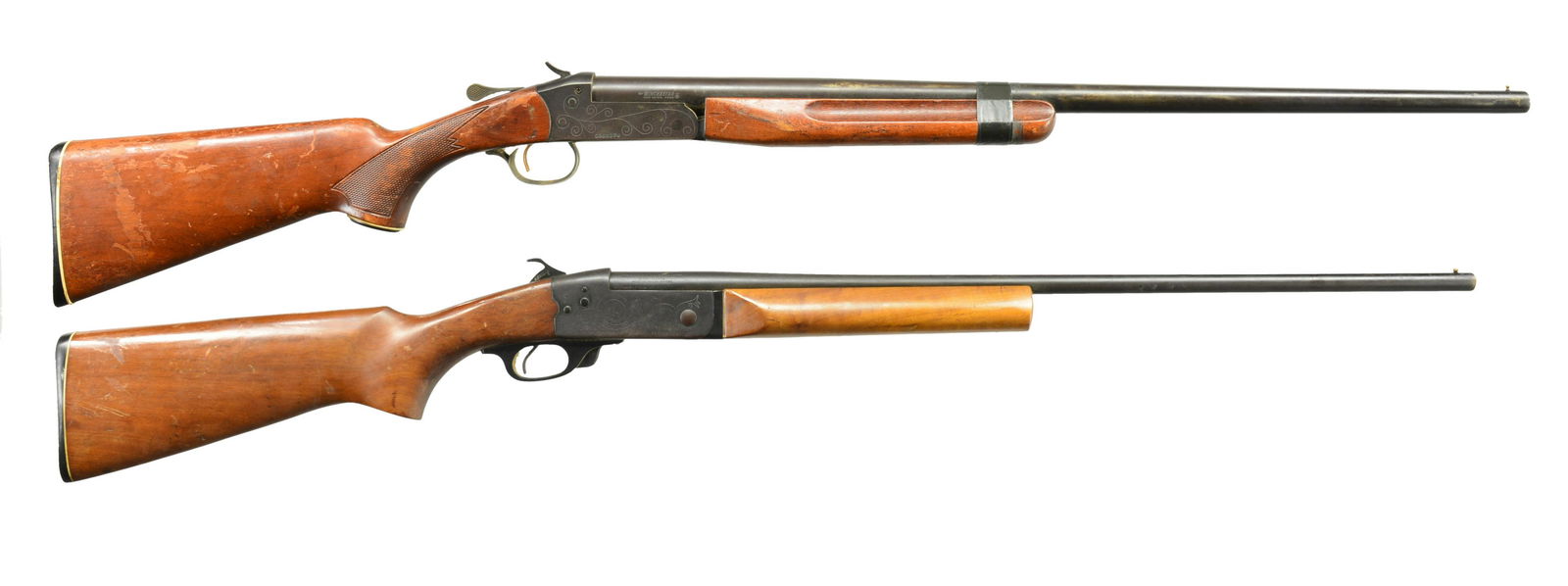 2 SMALL GAUGE BREAK ACTION SHOTGUNS.: 1) WINCHESTER MODEL 37A. Cal 20 Ga. 3". S# C509174. Mfg. in Canada w/ 28" plain full choke bbl. Checker pistol grip stock set. CONDITION: fair appearance w/ mixture of peeling finish & scratches on st
