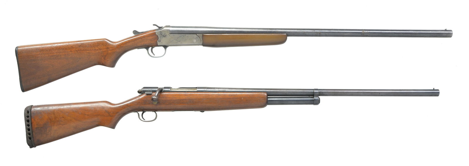 2 J.C. HIGGINS MODEL SHOTGUNS.: 1) J.C. HIGGINS MODEL 101.1 94B SINGLE SHOT SHOTGUN. Cal. 12 Ga., 2 3/4". NSN. Bbl. 30" w/ fixed Full choke & aluminum bead. Case colored exposed hammer action. Replacement hardwood forearm. Original 