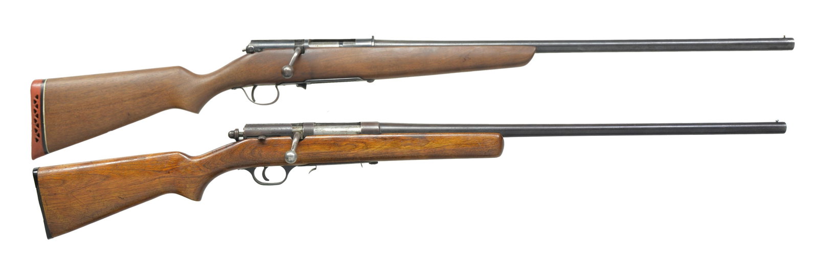 2 BOLT ACTION SHOTGUNS.: 1) MARLIN MODEL 55 BOLT ACTION SHOTGUN. Cal. 12 Ga., 2 3/4". NSN. Bbl. 28" w/ brass bead. Fixed Full choke. Walnut stock w/ red recoil pad. MAGS: none included. CONDITION: 40% dull fading blue showing