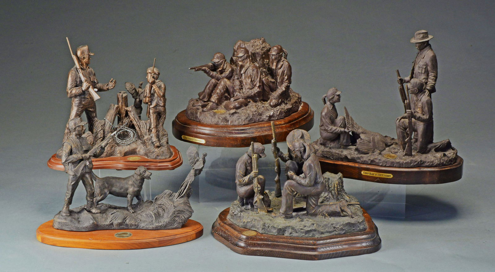 FIVE WILDLIFE ORGANIZATION REPRODUCTION: STATUES. 1.â€œGuardian of the Legacy”. National Wild Turkey Foundation limited edition, No. 763 of 2300. Depicts an elder with 2 young hunters & a wild turkey on a wood base. Length 15&rdquo