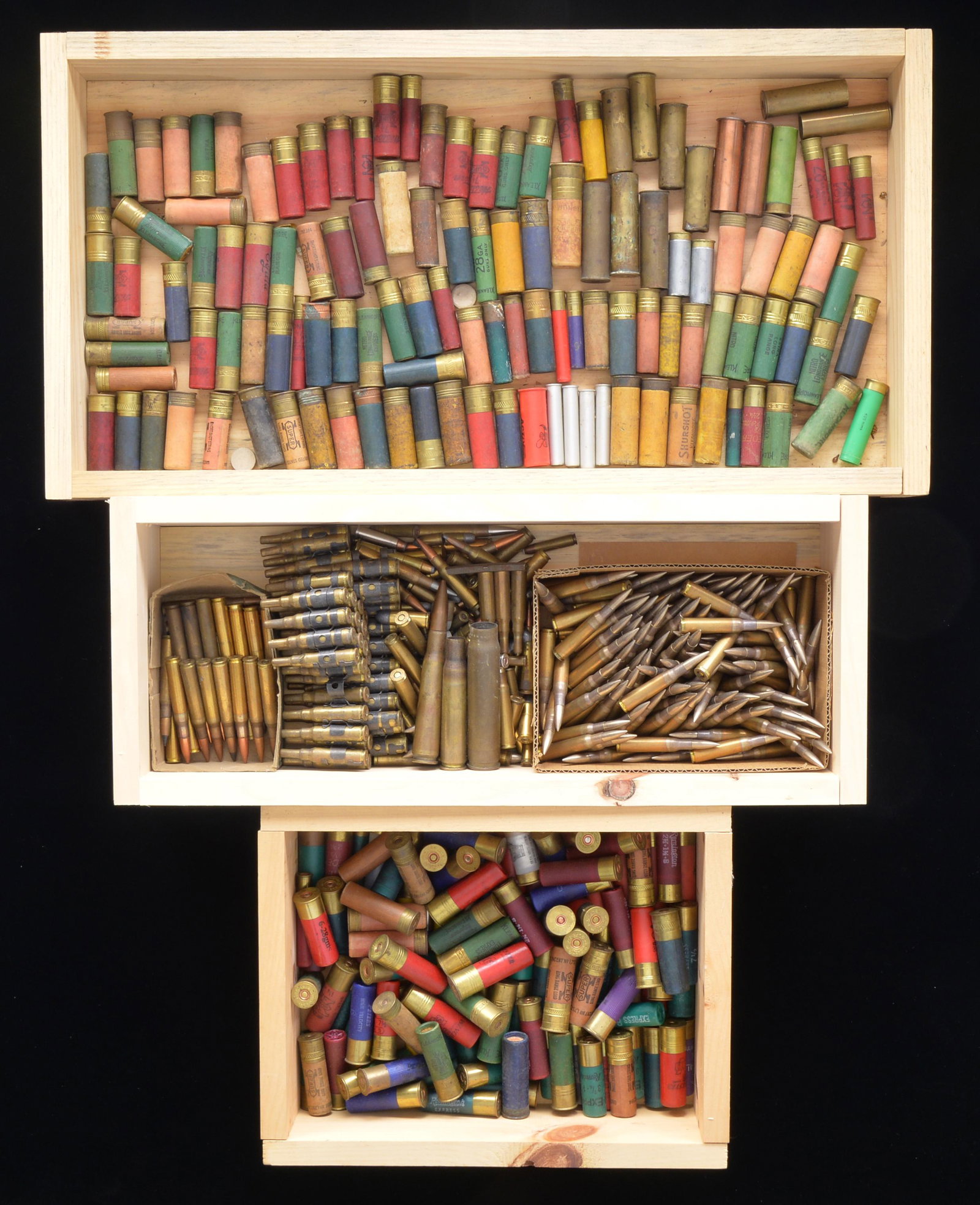 LARGE GROUP OF COLLECTOR'S CARTRIDGES.: Interesting variety of rifle, pistol & shotgun cartridges. Sporting & military. Lot will contain hollow point, armor piercing & tracer ammunition. Rifle & pistol cartridges both rim and centerfire. Ri