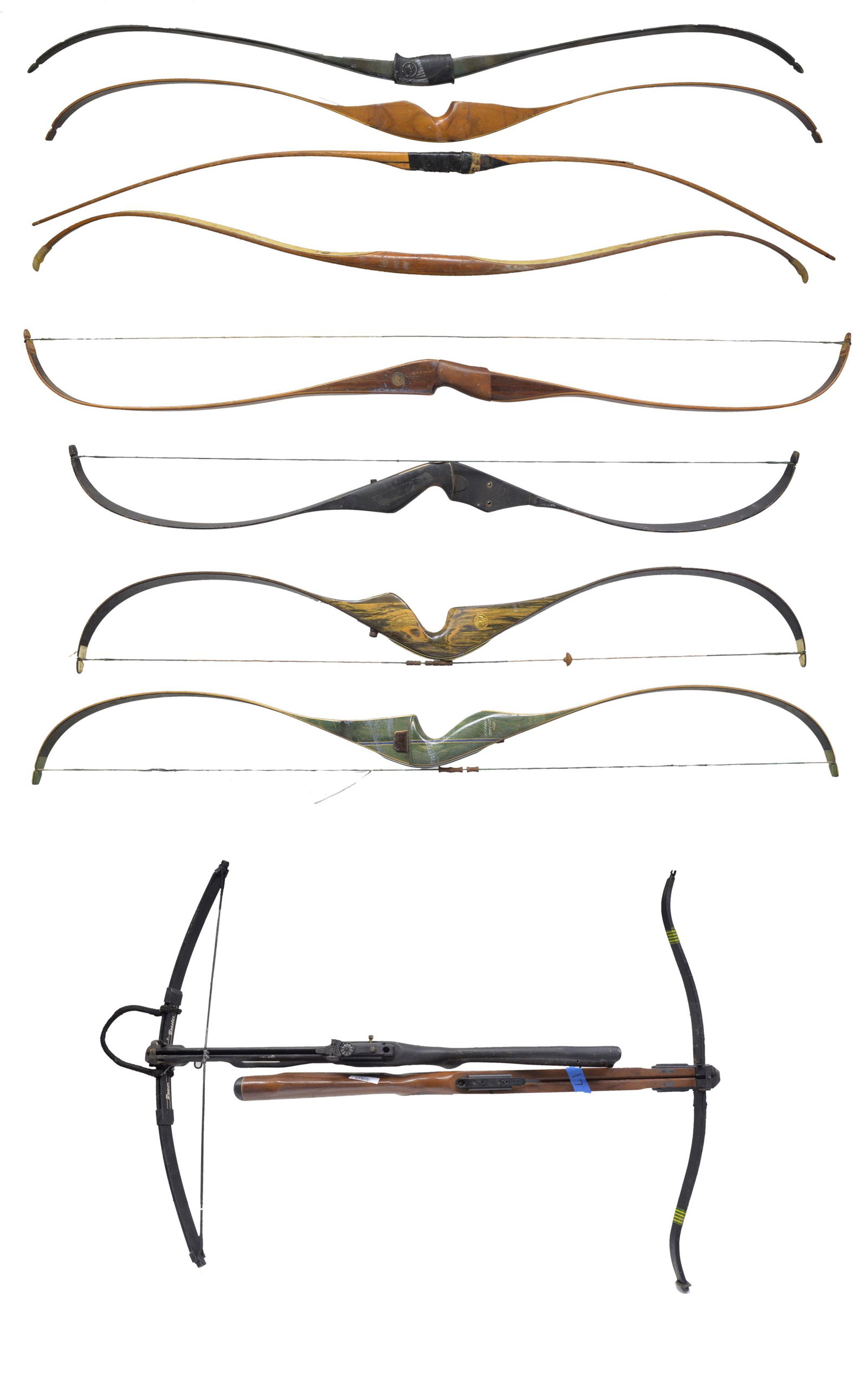 8 LONG BOWS & 2 CROSSBOWS.: Fair to good condition simple Long Bows w/ notable models to include: 45 lb. Super Magnum 48. Shakespeare Model X18 no string. Bear Kodiak. Black Hawk Mosquito. Bear 45 lb. Kodiak Magnum. CROSSBOWS: (
