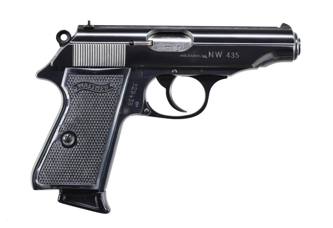 POLICE MARKED WALTHER MODEL PP SEMI-AUTO PISTOL.: Cal. 7.65mm (32 ACP). S# 329435. Bbl. 3 7/8". Mfg. 1964 (imported 1963-2000) in Germany having blued finish w/ right side of matching numbered (internally marked) slide having 'Interarms/VA." & "NW 45