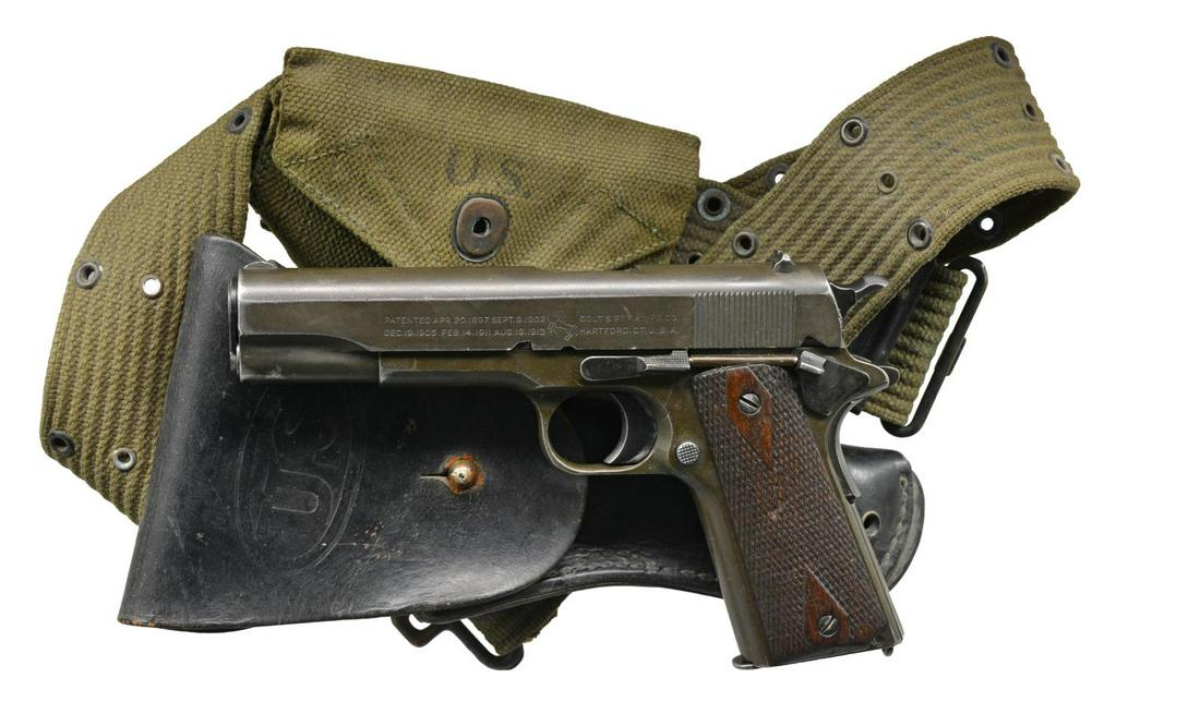 COLT MODEL 1911 SEMI-AUTO PISTOL.: Cal. 45 ACP S# 531601. Bbl. 5”. Mfg. 1918 as part of largest ever military contract; 347,000 units. All features are correct. Eagle head “S17” inspector mark plus “H” provisional acceptance 