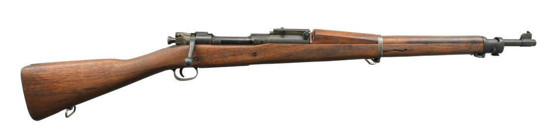SPRINGFIELD MODEL 1903 BOLT ACTION RIFLE.: Cal. 30-06. S# 975000. Bbl. 24” marked “RA”, flaming bomb & “6-42”. Ladder rear sight w/out volley notch. Flat windage & elevation knobs. Sight graduated to 2,850 yds. Blade type front sight