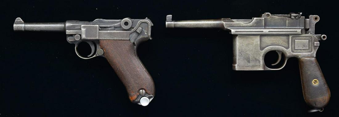 2 GERMAN SEMI-AUTO PISTOLS; LUGER & BROOMHANDLE.: 1) MAUSER byf CODE LUGER. Cal. 9mm Luger. S# 3908a. Bbl. 4" w/ fin shaped front sight. Chamber dated 41 on receiver w/ eagle 655 proofs as found on Ku rebuilds. Mixed frame components of: takedown lev