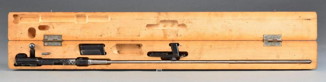 ERMA 22 CAL CONVERSION UNIT FOR MODEL 98 MAUSER.: Cal. 22 LR. S# 143. Hardwood box machine inletted for conversion assembly. Bbl. & receiver numbered 143. All components of bolt assembly numbered 1390 or 90. Replacement floorplate (S#2935) marked “