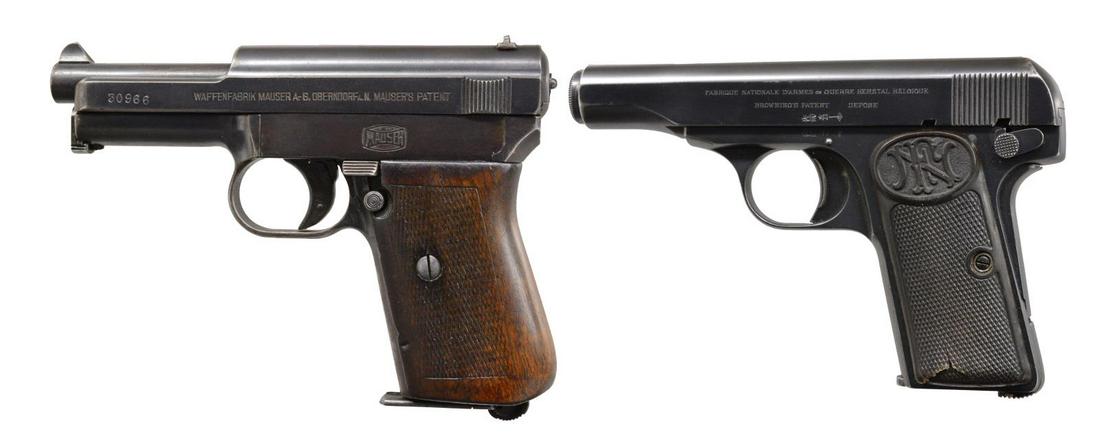 MAUSER 1914 & FN 1910 PISTOLS.: BOTH: cal. 7.65mm (32 ACP). 1) MAUSER MODEL 1914 POCKET. S# 30966. Bbl. 3.4". Serrated ramp front sight w/ fixed U notch rear sight. Blue finish w/ fire blue trigger. 1 Piece checkered walnut grip. Mf