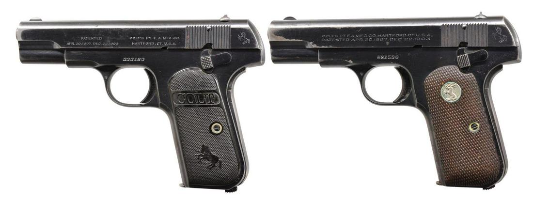 2 COLT MODEL 1903 HAMMERLESS 32 POCKET AUTO: PISTOLS. BOTH: cal. 32 ACP. Bbls. 3 3/4". Blue finishes. 1) S# 333180. Tapered semi circular w/ fixed U notch rear sight. 2 Piece checkered hard rubber rampant Colt grips. Mfg. 1920. MAGS: 1 detachabl