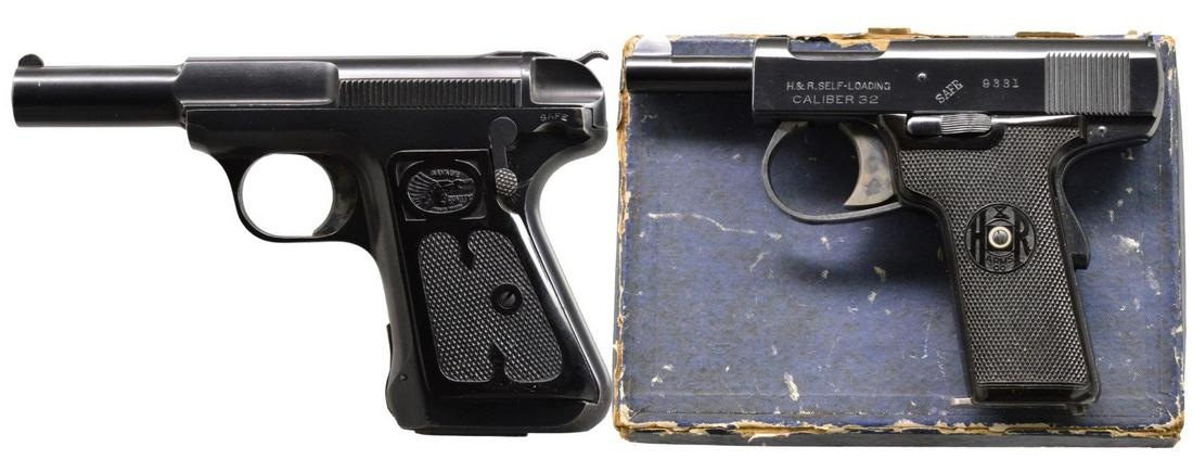 2 AMERICAN SEMI AUTO PISTOLS.: BOTH: cal. 32 ACP. 1) SAVAGE MODEL 1907. S# 234570. Bbl. 3 3/16". Blue finished exposed hammer action w/ case colored trigger. 2 Piece checkered Indian head hard rubber grips. Mfg. 1910-1917. MAGS: 1 