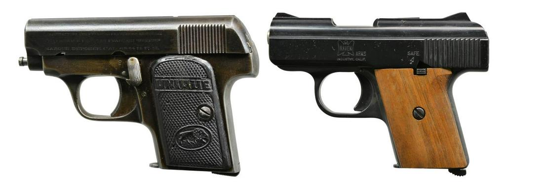 2 VEST POCKET SEMI-AUTO PISTOLS.: BOTH: blued finish. 1) UNIQUE MODEL 12. Cal. 6.35mm (25 ACP). S# 125276. Bbl. 2 1/8” w/ no. 879. Mfg. 1923-1940 w/out mag. safety or loaded chamber indicator. Checkered hard rubber grips w/ Lion log
