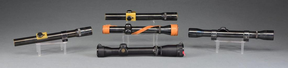 5 VINTAGE RIFLE SCOPES.: 1) WEAVER K2.5 60-B w/ range finding crosshair. Steel 1” tube. Fitted leather scope caps. Scope has 90% blue finish w/ light high point wear. Optics appears clear & serviceable. 2) JC HIGGINS RIFLEM