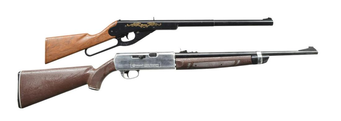 DAISY & CROSMAN AIR GUNS.: 1) DAISY MODEL 105B LEVER ACTION REPEATER. Cal. 177 BB. Blade front sight w/ fixed rear sight. Black painted metal w/ gold name & highlights. Plastic stock. CONDITION: action has good compression. 2) 