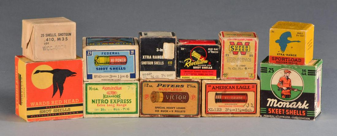 LARGE LOT OF SHOT SHELL, CASES & POWDER CANS.: ALL SHELL COUNTS ARE APPROXIMATIONS. TOTAL WEIGHT OF LOT APPROX. 100 LBS. 2 PIECE REMINGTON BOXES: 1 box w/ orange sunburst label of REM-UMC Arrow, 12 Ga., 17 rds., box & label are tattered. / 1 Green
