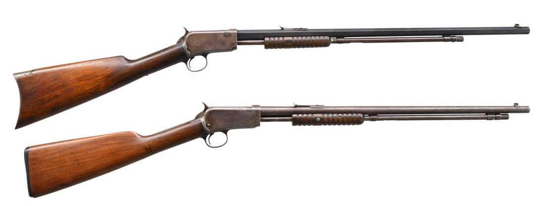 WINCHESTER MODEL 90 & 06 PUMP RIFLES.: 1) MODEL 90. Cal. 22 Short. S# 737378. Bbl. 24" oct. Marbles No. 26 bead front sight w/ original sporting rear sight. Grooved walnut pump handle & straight grip stock w/ crescent steel buttplate. UNAT