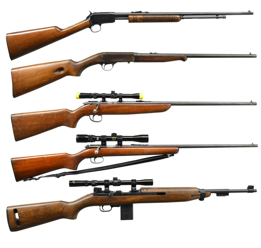 LOT OF 5 - 22 LR RIFLES.: 1) ROSSI MODEL 62 SA “GALLERY” RIFLE. Cal. 22 S, L, LR. Bbl. 23”. S# G302594. Slide action, tube fed, rimfire rifle copy of the Winchester 1890 Gallery model takedown Rifle. Rnd. bbl. & hardwood