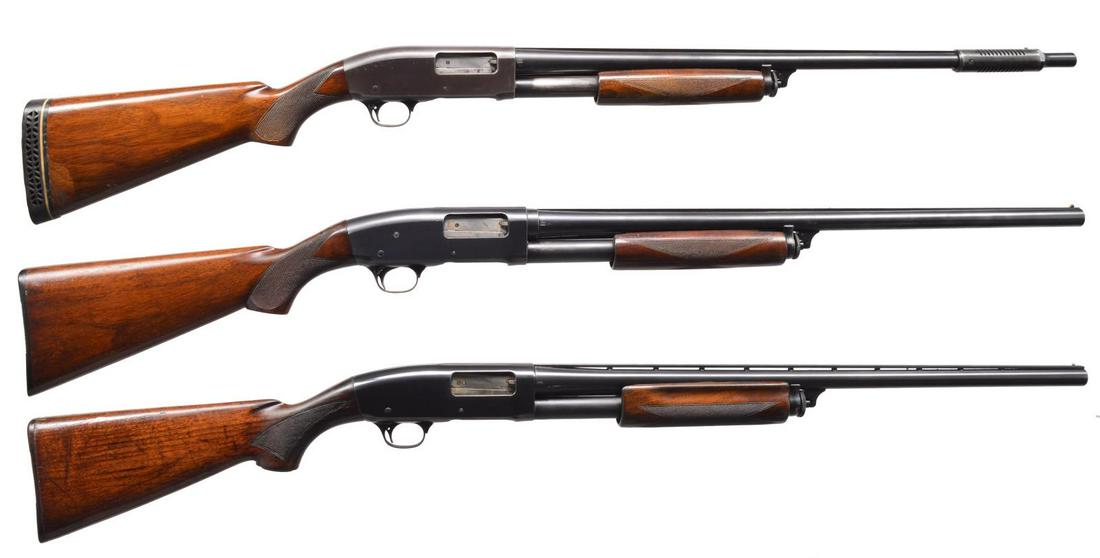 3 REMINGTON MODEL 31 PUMP SHOTGUNS.: 1) Cal. 20 Ga., 2 3/4". S# 518660. Bbl. 27" solid rib w/ Cutt's Compensator, Mod. tube included. Checkered forearm & pistol grip walnut stock. LOP: 14 3/8" over aftermarket Pachmayr White Line pad. CO