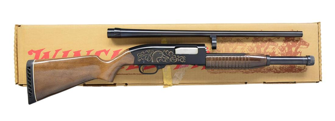 WINCHESTER 120 YOUTH DUCKS UNLIMITED WHISTLER: PUMP ACTION SHOTGUN. Cal. 20 Ga., 3". S# 85DU2730. Bbl. 22” w/ gold colored bead. Bbl. markings include “WINCHESTER MODEL 120 YOUTH 20 GA 3” CHAMBER”. Receiver marked on left side w/ “DUCKS