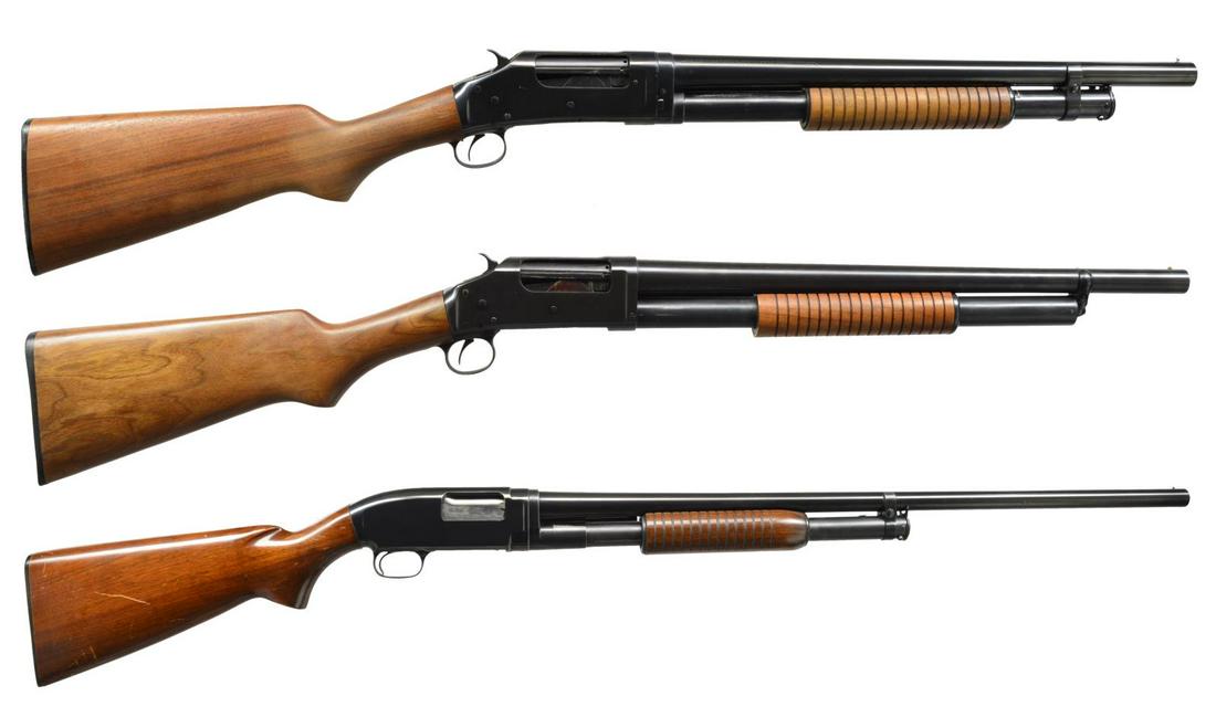 2 WINCHESTER & 1 NORINCO PUMP SHOTGUNS.: 1) WINCHESTER MODEL 97 TAKEDOWN. Cal. 12 Ga. S# E864504. Bbl. shortened to 19" w/ Cyl. bore. Replacement grooved walnut forearm & pistol grip stock w/ repro. Win. buttplate. CONDITION: metal retains o