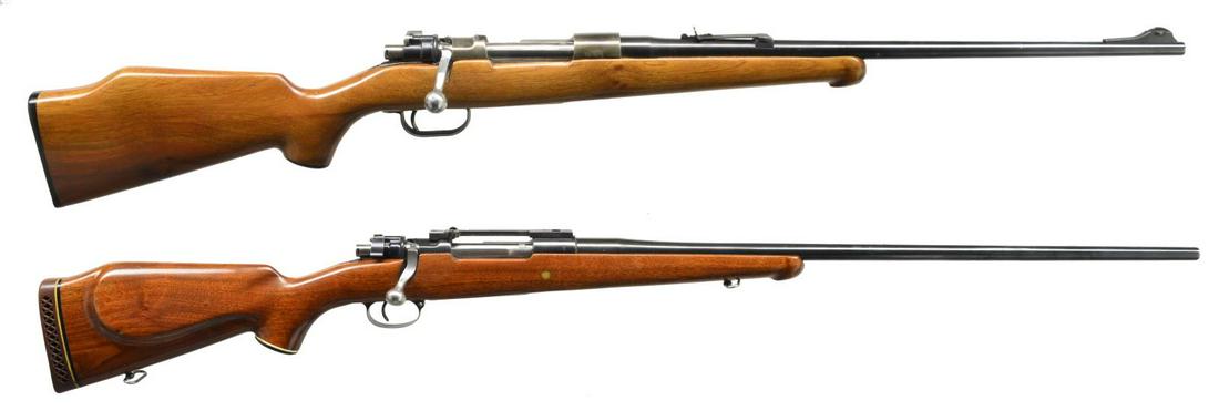 2 SPORTERIZED MAUSER 98 BOLT ACTION RIFLES.: 1) SPORTERIZED FN MAUSER 98 BOLT ACTION RIFLE. Cal. 30-06. S# 4485. Sporterized military FN Model 98 action w/ 22” JC. Higgins bbl. marked on left rail “FAB. NAT. D’ ARMES de GUERRE HERSTAL-BELG