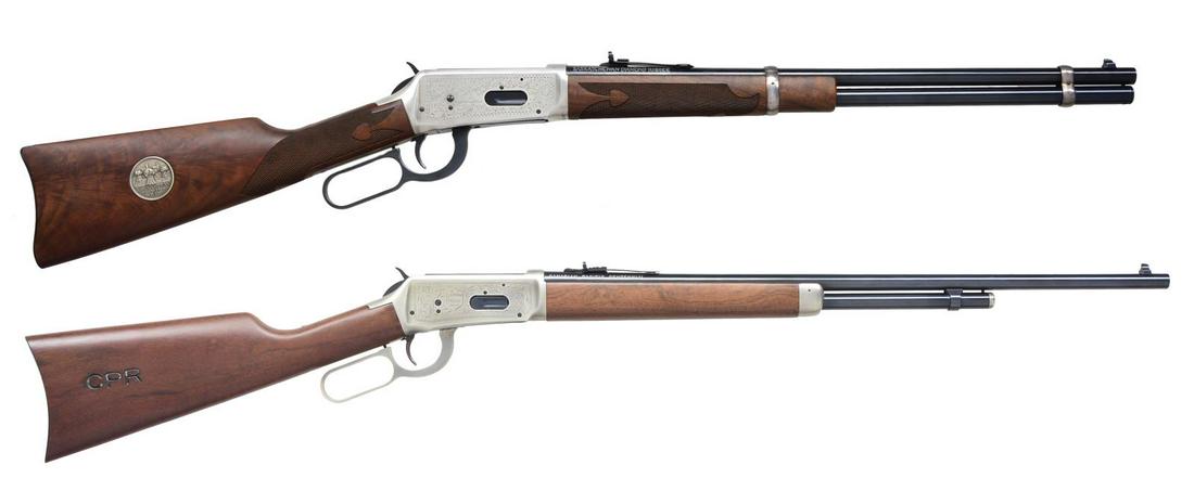 2 CANADIAN ISSUE WINCHESTER COMMEMORATIVE LEVER: ACTION RIFLES WITH MATCHING SERIAL NUMBERS. 1) 94 SASKATCHEWAN DIAMOND JUBILEE. Cal. 38-55. S# SDJ720. Bbl. 20" w/ sporting sights. Bbl. bands & receiver have antique silver finish. Left side of recei
