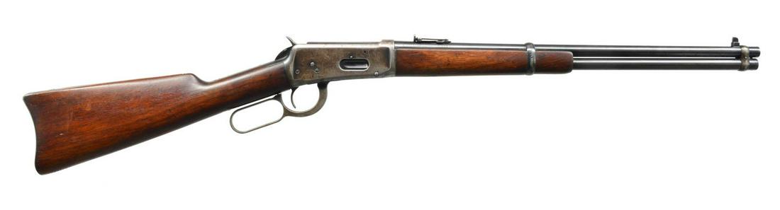 WINCHESTER MODEL 94 SRC LEVER ACTION CARBINE.: Cal. 32 W.S. (Spl.). S# 988365. Bbl. 20” w/ ladder carbine rear sight & pin retained front post blade. Mfg. 1926 w/ saddle ring stud on receiver & carbine buttstock; long wood forend. Top tang marke