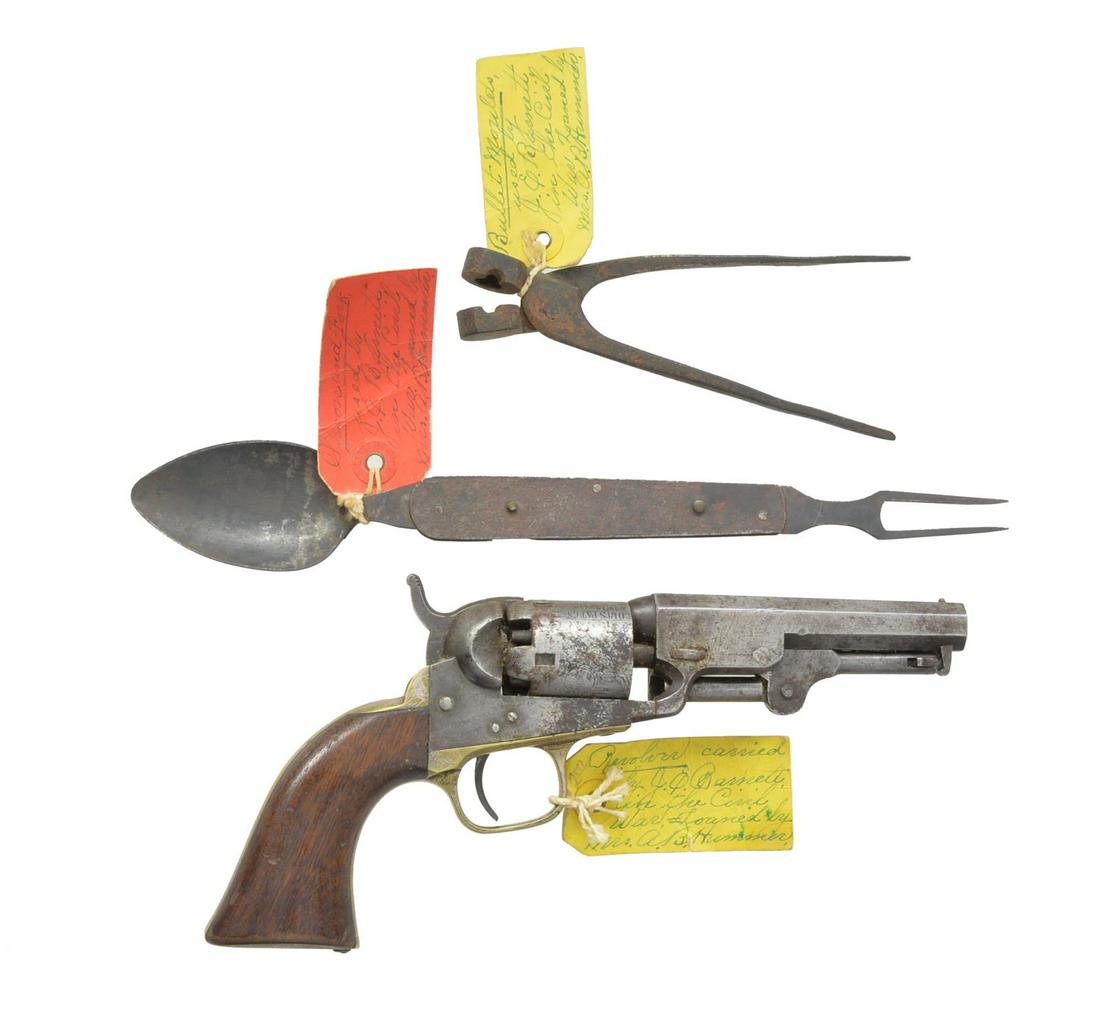 IDENTIFIED VIRGINA ARTILLERY COLT POCKET REVOLVER.: Cal. 31 S# 182248. From Dan Poppen's wife's direct descent still with tags when loaned to VMI by her family. Along with the 4" Colt Pocket model mfg. late 1860-early 1861 is a soldier's spoon/fork com
