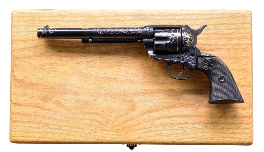 J. CONDON ENGRAVED COLT SAA BROWNING BROTHERS: SHIPMENT REVOLVER. Cal. 45 Colt. S# 109257. Bbl. 7 1/2". 6 Shot fluted cyl. Frame, cyl., bbl. & grip straps have aftermarket custom vine type foliate scroll engraving. Gold inlays include: Jack & Ace 
