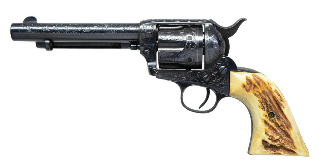 CUSTOM ENGRAVED PRE-WAR COLT SINGLE ACTION ARMY: REVOLVER. Cal. 45 Colt. S# 236448. Blue finish. Bbl. 5 1/2". Thinned front sight & 1 line address, marked on left side "45 COLT". Left side of frame has 2 line 3 patent dates & Rampant Colt in a circl