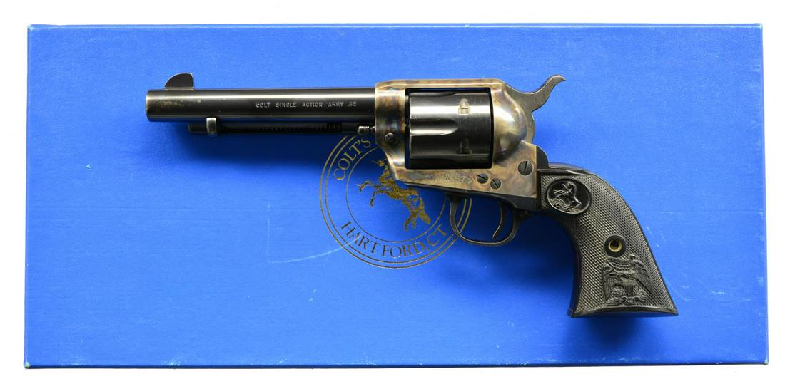 COLT SAA 2ND GEN REVOLVER.: Cal. 45 LC. S# 57377SA. Bbl. 5 1/2”. Mfg. 1970 in most classic configuration of case colored frame w/ balance blued having black checkered grips w/ eagle & rampant Colt designs. Matching numbered cy