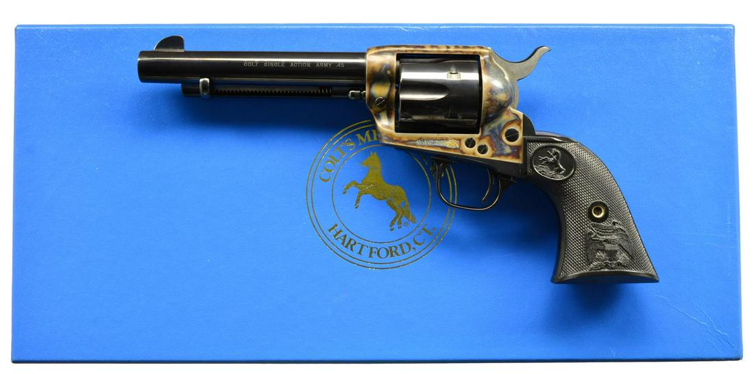 COLT SAA 3RD GEN REVOLVER.: Cal. 45 LC. S# S57877A. Bbl. 5 1/2”. Mfg. 1981 in most classic configuration of case colored frame w/ balance blued having black checkered grips w/ eagle & rampant Colt designs. UNATTACHED ACCESSORI