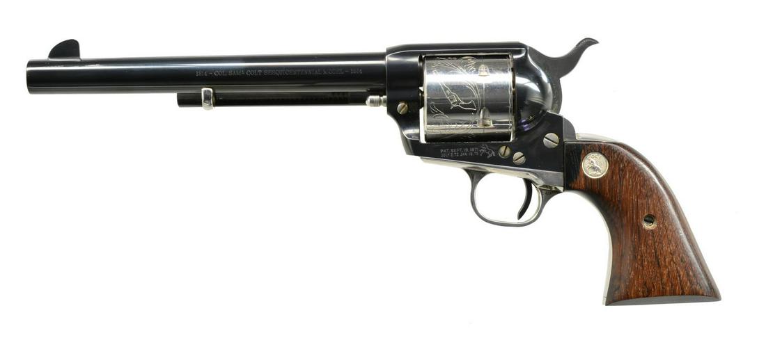 COLT SESQUICENTENNIAL SAA REVOLVER.: Cal. 45 Colt. S# 3978SC. Bbl. 7 1/2" w/ blade front sight & square notched rear. Mfg. 1964 (0001SC to 5000SC) to celebrate 150 years of Colt. Left side of bbl. & unfluted cyl. both marked “COL. SAML