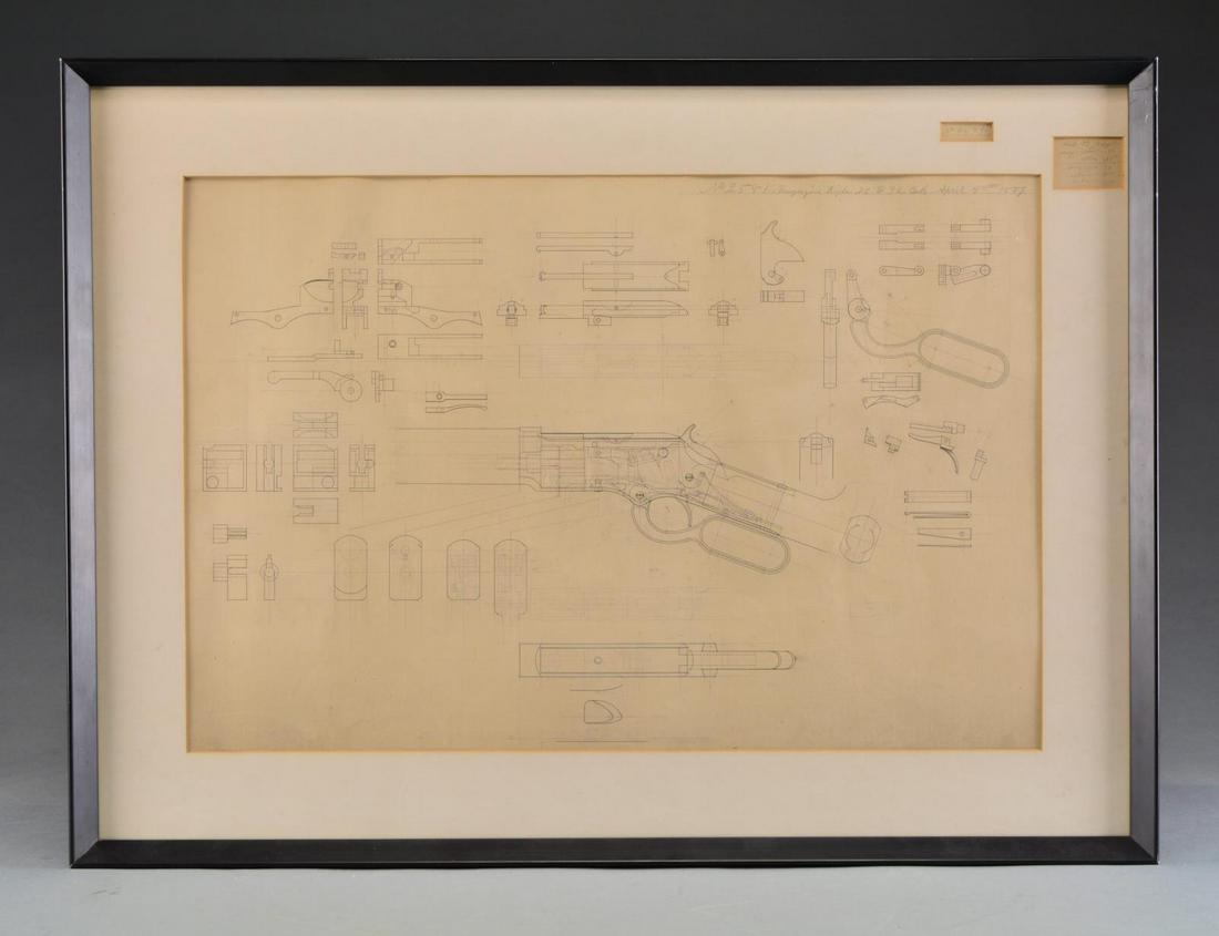 WINCHESTER DETAILED ENGINEERING DRAWING OF MODEL: 1873 .22 & .32 CAL. RIFLE MECHANISM. 31" x 23" Overall, drawing is dated April 4, 1889 & shows modifications to mechanism for smaller projectile ammunition. Highly detailed engineering drawings are re