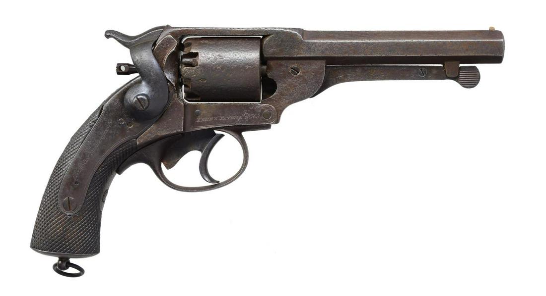 KERR PERCUSSION REVOLVER.: Cal. 44. S# 10768. Bbl. 5 1/2”. The London Armory Company produced about 11,000 lg. 54 bore revolvers from 1859-1866, the largest part of this production went to the Confederacy, this example howeve