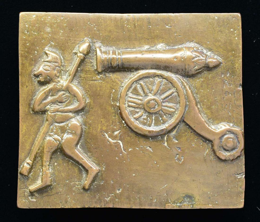 RARE SIKH ARTILLERYMAN'S CROSSBELT PLATE.: An exceptionally rare, possibly unique, crossbelt plate dating to 1849 worn during the Second Sikh War. This plate has an early period tag made from a calling card of Lt. Col. C. St. Lo. Malet that re
