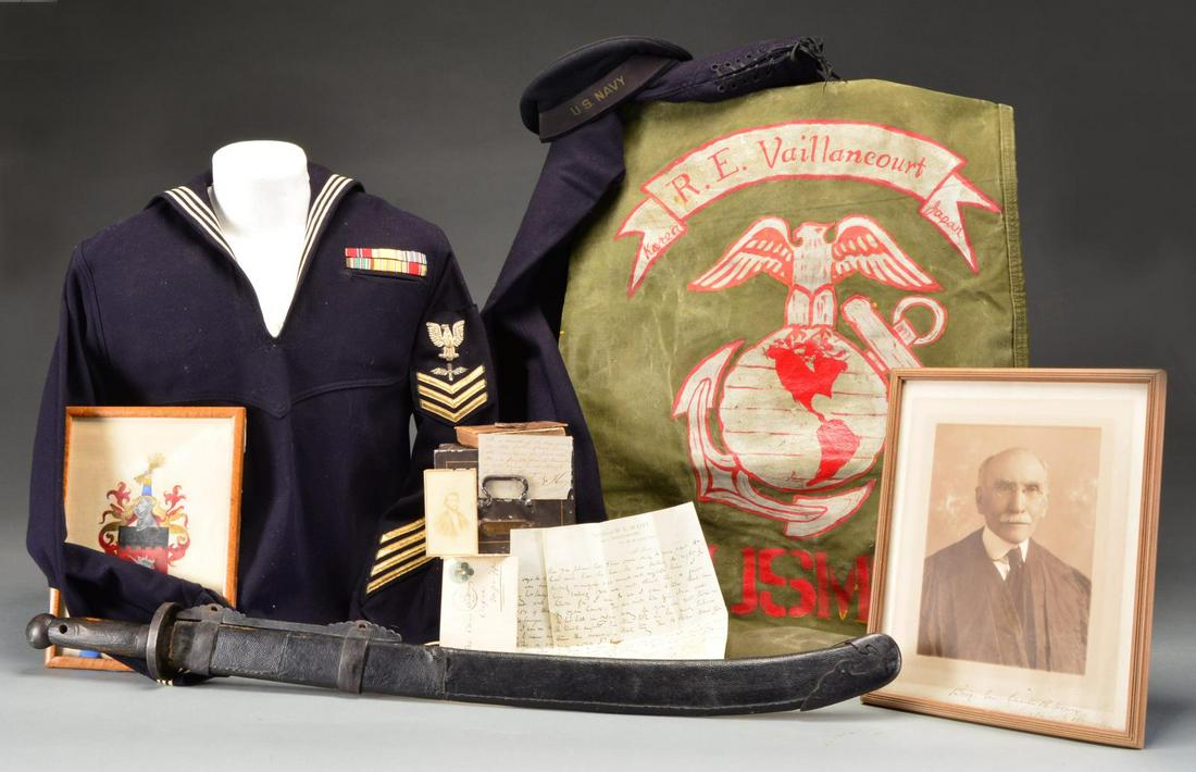 CONFEDERATE USED DICTIONARY, NAVY UNIFORM,: MARINE SEA BAG & CHINESE SWORD. 1) CONFEDERATE HOWRY GROUP. A wonderful little book titled, “Pocket Dictionary of the English Language” inscribed in several places, in period ink, to “C.B. Howry