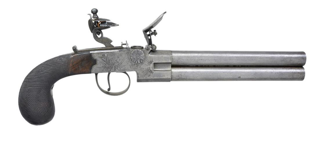 RARE DRAGOON SIZE DOUBLE BARREL OVER / UNDER: FLINTLOCK PISTOL. Cal. 50. NSN. Massive dbl. bbl. flint o/u pistol measuring 13 3/4" overall w/ 8" rnd. bbls. Boxlock frame engraved w/ panoply of arms on right & armorial w/ central panel "S TIMMINS"