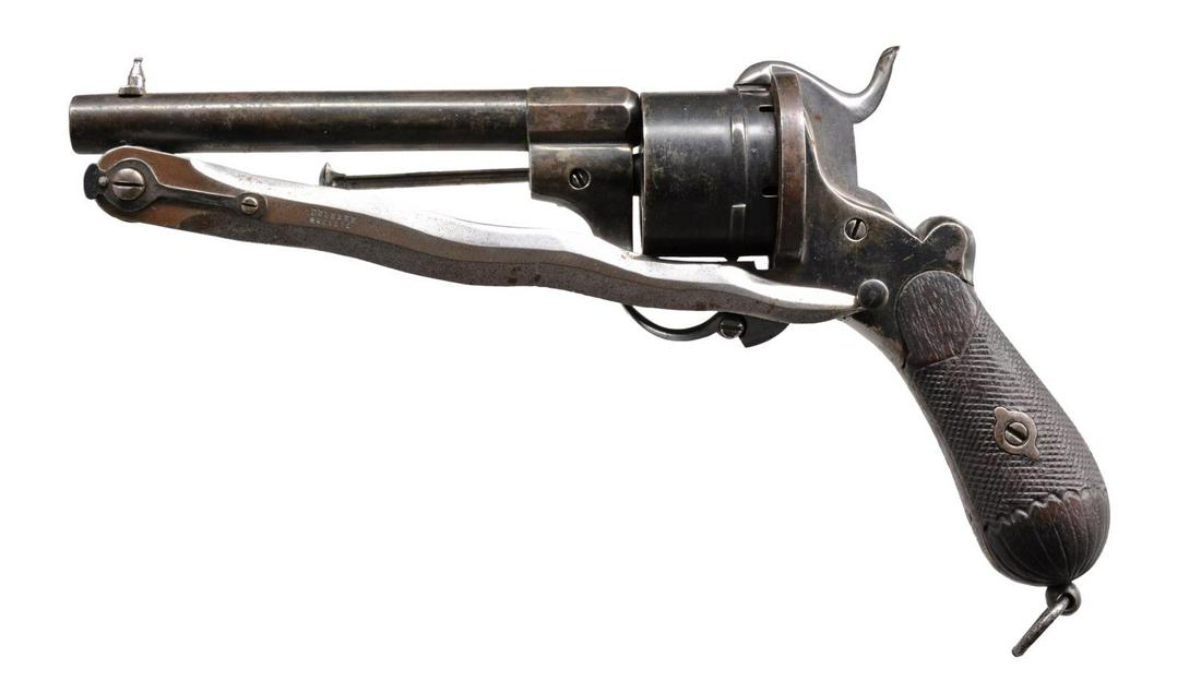 BELGIAN PINFIRE REVOLVER WITH FOLDING BLADE.: Cal. 12mm. NSN. Bbl. 5 3/4". A scarce Delhaxe Brevete pinfire revolver popular during the American Civil War & imported in significant numbers by both sides. Revolver features an 8" folding blade that