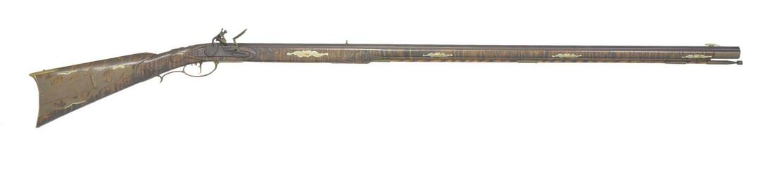 GARY R. BOWMAN CUSTOM CONTEMPORARY FULL STOCK: FLINTLOCK RIFLE W/ KNIVES & TOMAHAWK. Cal. 45. NSN. Bbl. 42" oct. measuring 7/8" across the flats at muzzle. German silver blade Rocky Mountain front sight w/ fixed flat top V notch rear sight. Top bb