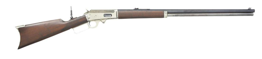 MARLIN 1893 LEVER ACTION RIFLE.: Cal. 30-30. S# 245631. Bbl. 26" oct. Combination front sight, replacement Win. elevator adj. rear sight & combination tang sight. Full length mag. Receiver, lever, forearm cap & crescent steel buttpla