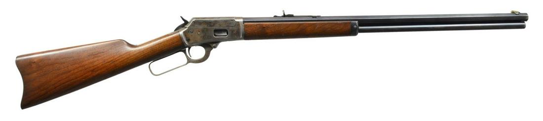 MARLIN MODEL 94 LEVER ACTION RIFLE.: Cal. 38-40. S# 837. Bbl. 24" oct. w/ German silver blade Rocky Mountain front sight & semi buckhorn sporting rear sight having replacement elevator. Full length mag. Case colored action. Top tang has 