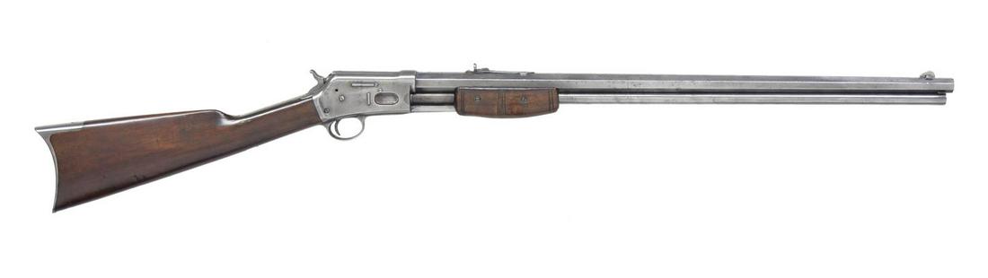 COLT LIGHTNING MEDIUM FRAME SLIDE ACTION RIFLE.: Cal. 32-20. S# 85178. Bbl. 26" oct. German silver blade front sight w/ sporting rear sight having replacement elevator. Full length mag. 2 Piece replacement forearm. Straight grip walnut stock has cre